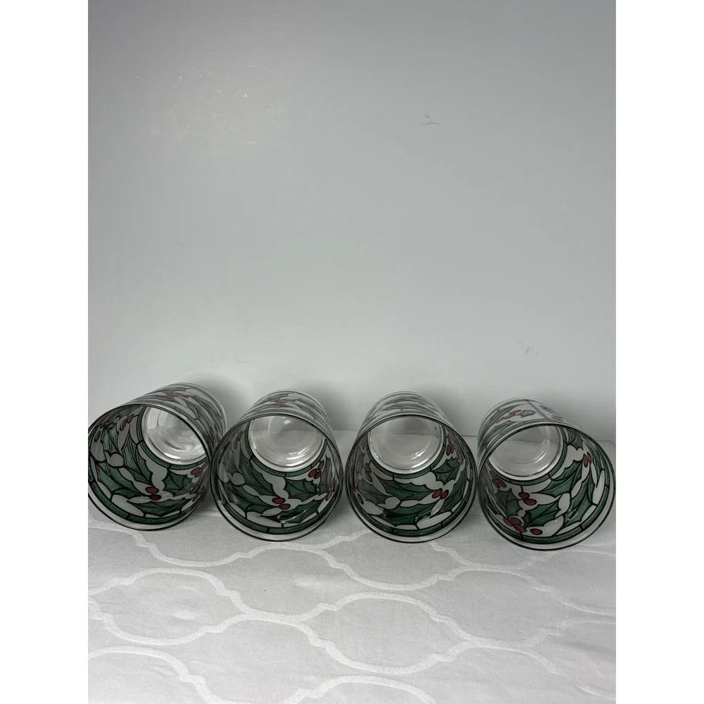 4 West Virginia Snowy Holly Berry Stained Glass On Rocks Christmas Glasses Set